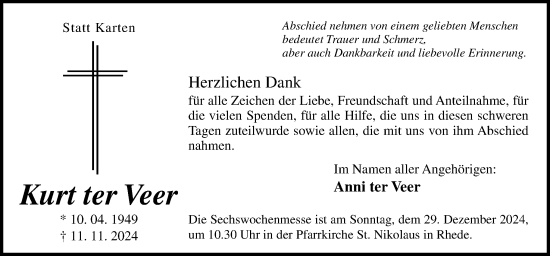 Traueranzeige von Kurt  ter Veer von Neue Osnabrücker Zeitung GmbH & Co. KG