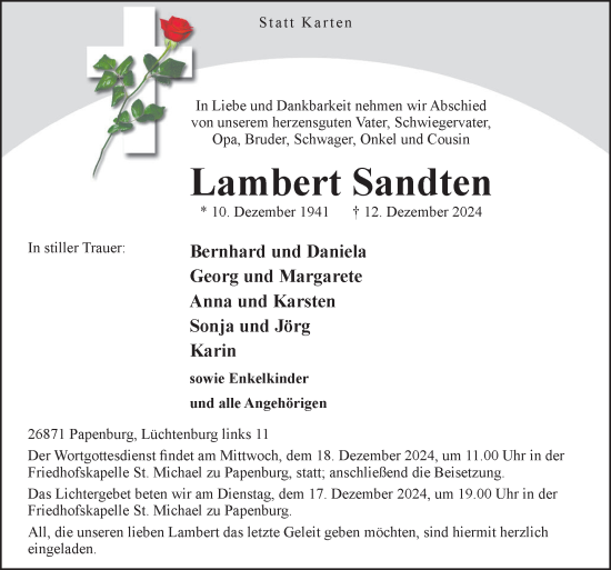 Traueranzeige von Lambert Sandten von Neue Osnabrücker Zeitung GmbH & Co. KG