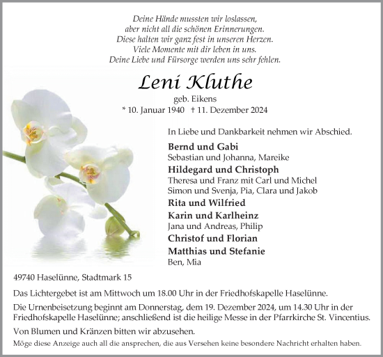 Traueranzeige von Leni Kluthe von Neue Osnabrücker Zeitung GmbH & Co. KG