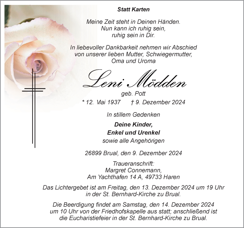  Traueranzeige für Leni Mödden vom 12.12.2024 aus Neue Osnabrücker Zeitung GmbH & Co. KG