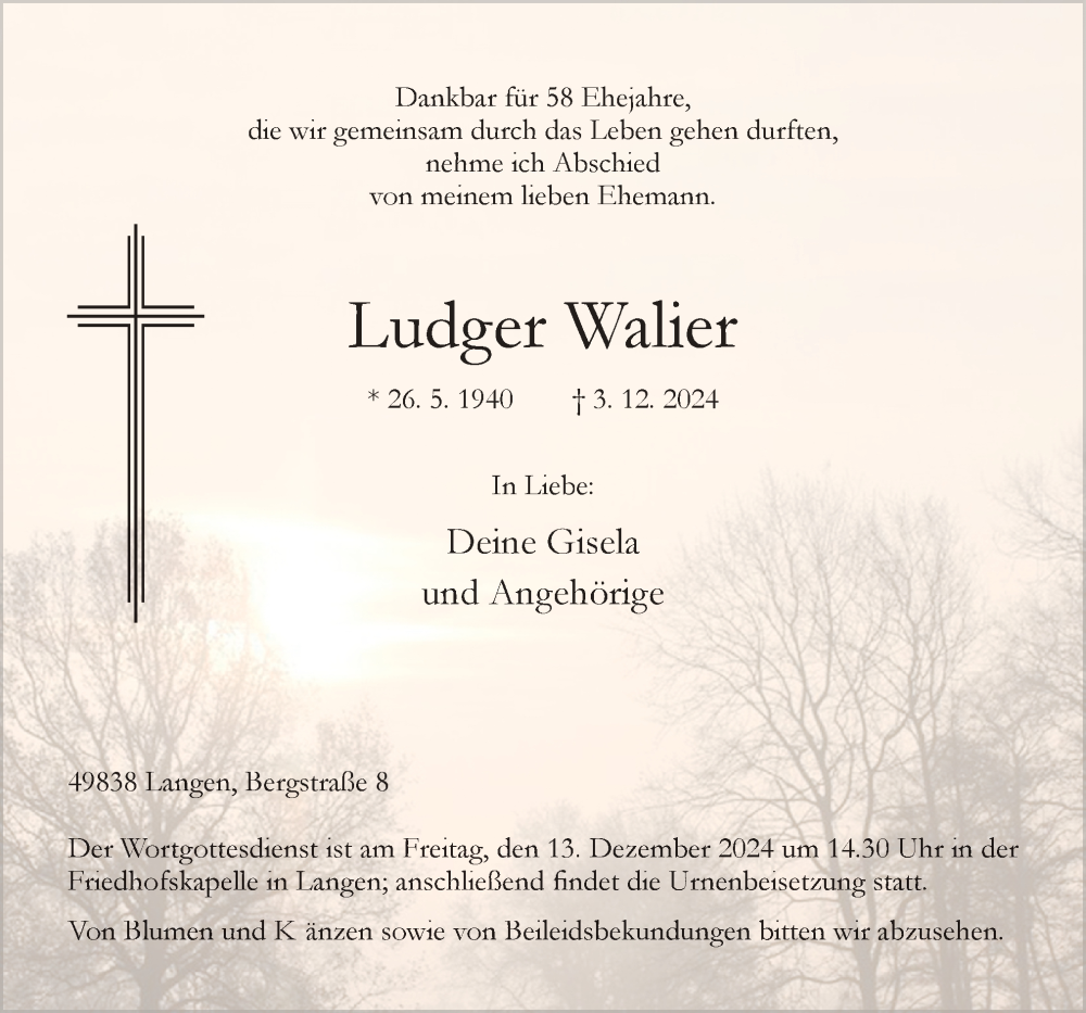  Traueranzeige für Ludger Walier vom 07.12.2024 aus Neue Osnabrücker Zeitung GmbH & Co. KG