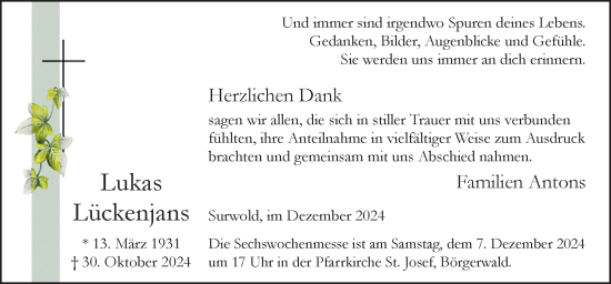 Traueranzeige von Lukas Lückenjans von Neue Osnabrücker Zeitung GmbH & Co. KG