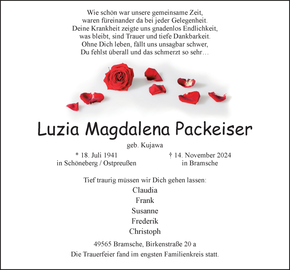  Traueranzeige für Luzia Magdalena Packeiser vom 07.12.2024 aus Neue Osnabrücker Zeitung GmbH & Co. KG