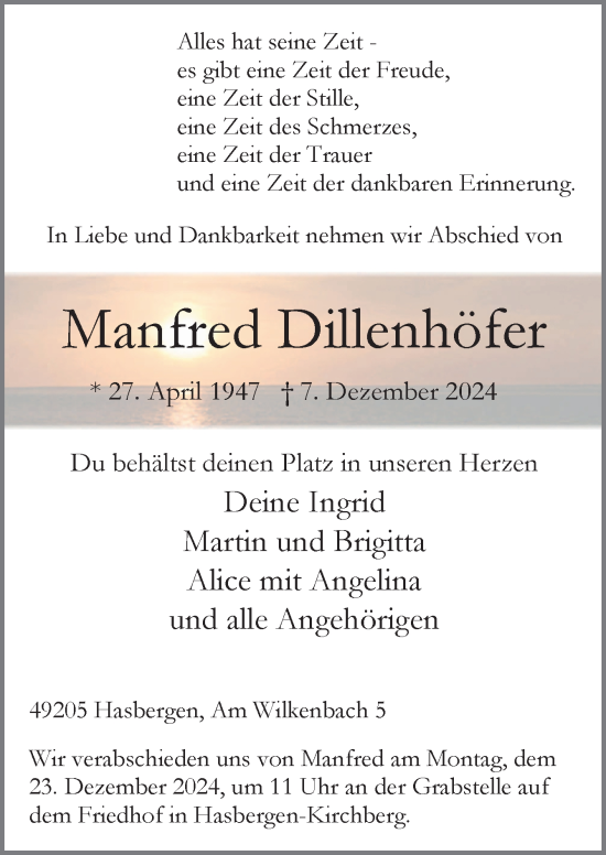 Traueranzeige von Manfred Dillenhöfer von Neue Osnabrücker Zeitung GmbH & Co. KG