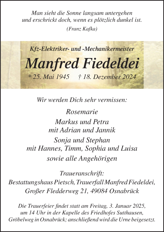 Traueranzeige von Manfred Fiedeldei von Neue Osnabrücker Zeitung GmbH & Co. KG