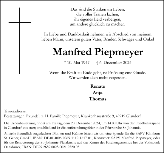 Traueranzeige von Manfred Piepmeyer von Neue Osnabrücker Zeitung GmbH & Co. KG