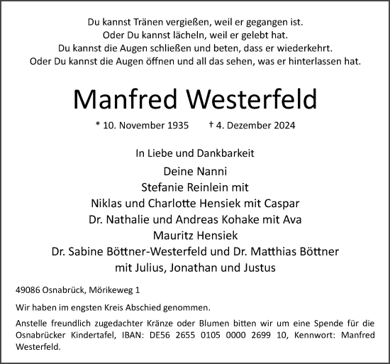 Traueranzeige von Manfred Westerfeld von Neue Osnabrücker Zeitung GmbH & Co. KG