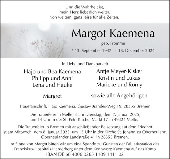 Traueranzeige von Margot Kaemena von Neue Osnabrücker Zeitung GmbH & Co. KG