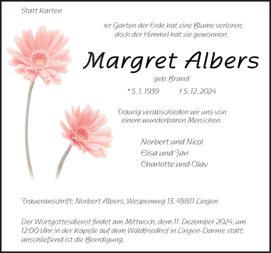 Traueranzeige von Margret Albers von Neue Osnabrücker Zeitung GmbH & Co. KG