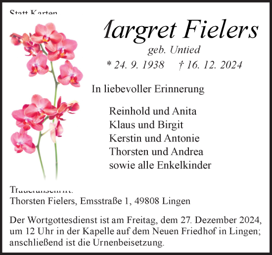 Traueranzeige von Margret Fielers von Neue Osnabrücker Zeitung GmbH & Co. KG