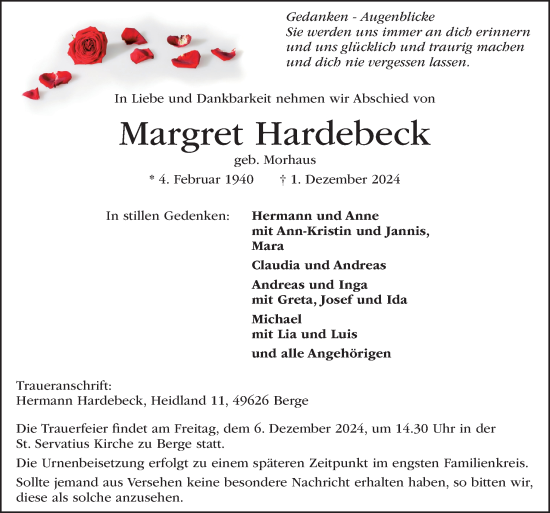 Traueranzeige von Margret Hardebeck von Neue Osnabrücker Zeitung GmbH & Co. KG