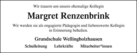 Traueranzeige von Margret Renzenbrink von Neue Osnabrücker Zeitung GmbH & Co. KG