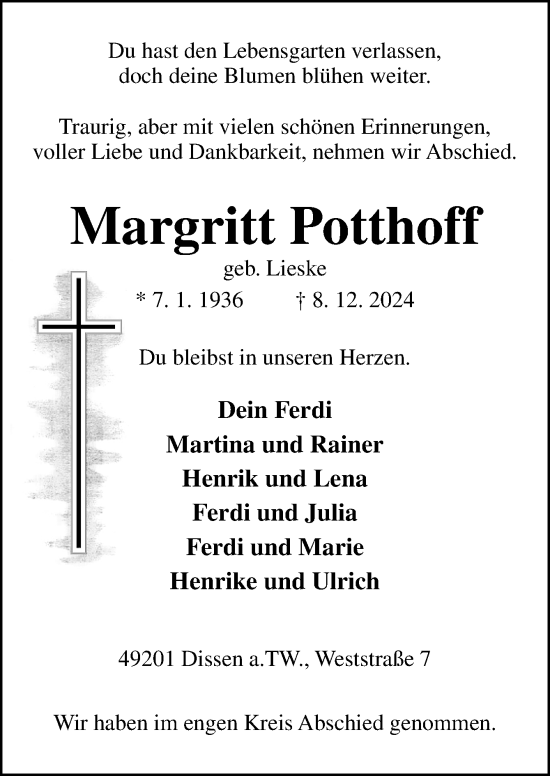 Traueranzeige von Margritt Potthoff von Neue Osnabrücker Zeitung GmbH & Co. KG