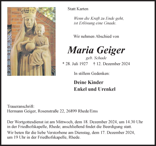 Traueranzeige von Maria Geiger von Neue Osnabrücker Zeitung GmbH & Co. KG