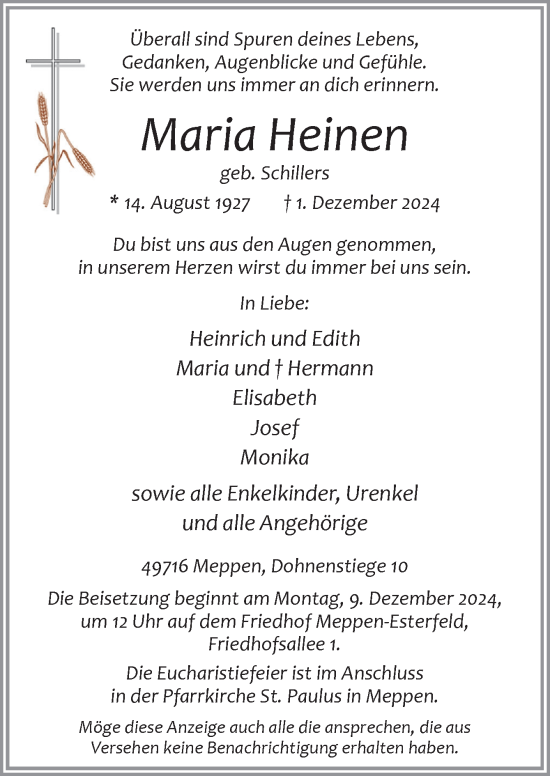 Traueranzeige von Maria Heinen von Neue Osnabrücker Zeitung GmbH & Co. KG