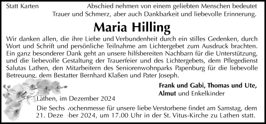 Traueranzeige von Maria Hilling von Neue Osnabrücker Zeitung GmbH & Co. KG