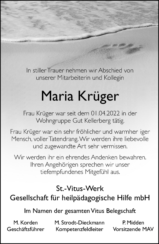 Traueranzeige von Maria Krüger von Neue Osnabrücker Zeitung GmbH & Co. KG