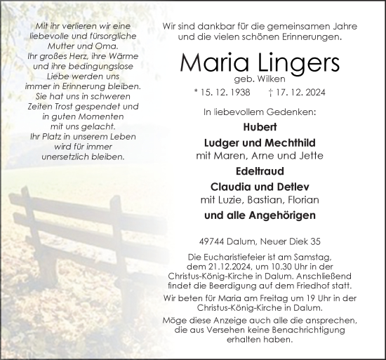 Traueranzeige von Maria Lingers von Neue Osnabrücker Zeitung GmbH & Co. KG