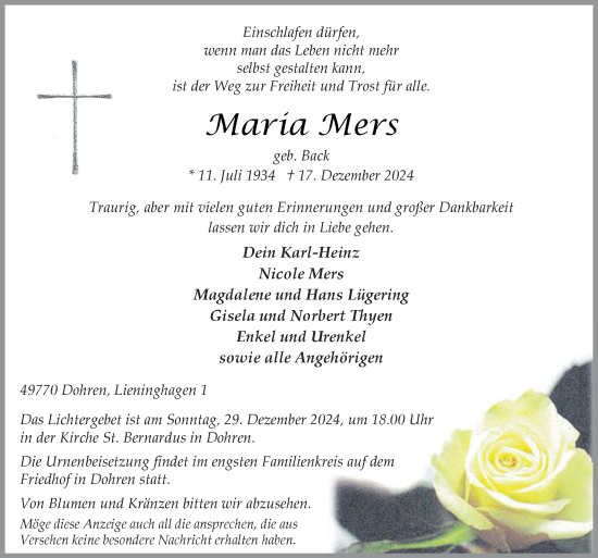 Traueranzeige von Maria Mers von Neue Osnabrücker Zeitung GmbH & Co. KG