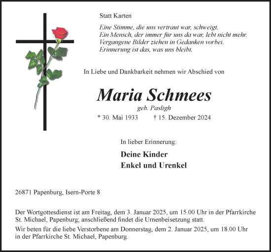 Traueranzeige von Maria Schmees von Neue Osnabrücker Zeitung GmbH & Co. KG