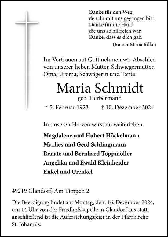 Traueranzeige von Maria Schmidt von Neue Osnabrücker Zeitung GmbH & Co. KG