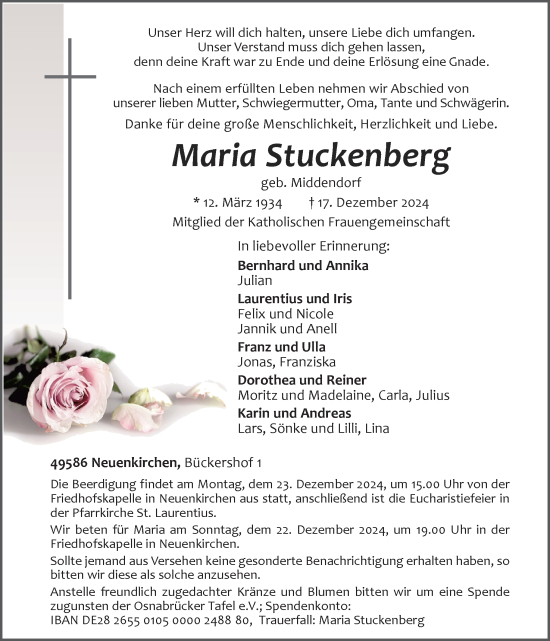 Traueranzeige von Maria Stuckenberg von Neue Osnabrücker Zeitung GmbH & Co. KG