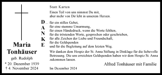 Traueranzeige von Maria Tonhäuser von Neue Osnabrücker Zeitung GmbH & Co. KG