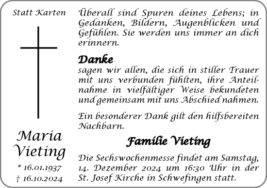 Traueranzeige von Maria Vieting von Neue Osnabrücker Zeitung GmbH & Co. KG