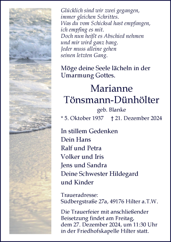 Traueranzeige von Marianne Tönsmann-Dünhölter von Neue Osnabrücker Zeitung GmbH & Co. KG