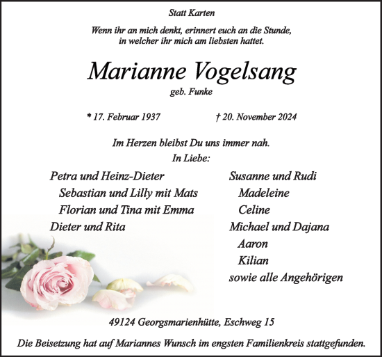 Traueranzeige von Marianne Vogelsang von Neue Osnabrücker Zeitung GmbH & Co. KG