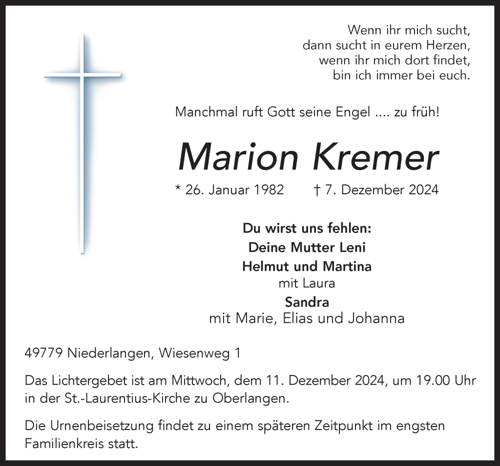  Traueranzeige für Marion Kremer vom 09.12.2024 aus Neue Osnabrücker Zeitung GmbH & Co. KG