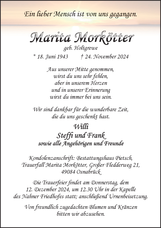 Traueranzeige von Marita Morkötter von Neue Osnabrücker Zeitung GmbH & Co. KG