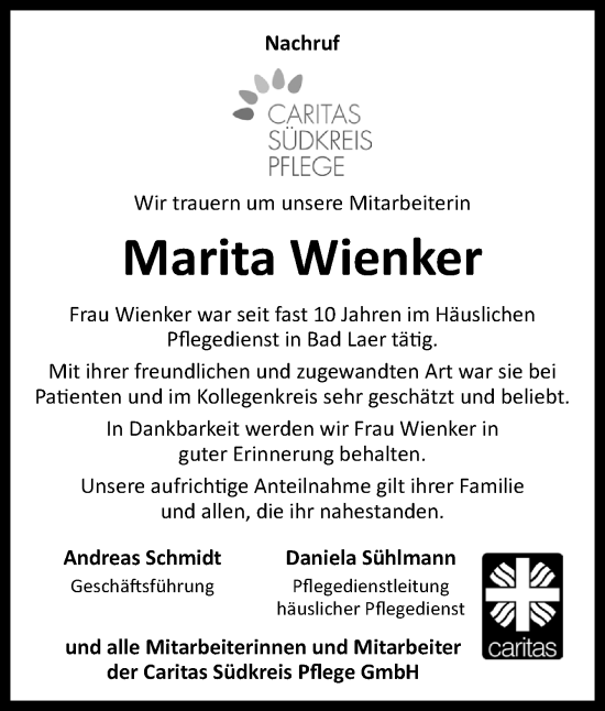 Traueranzeige von Marita Wienker von Neue Osnabrücker Zeitung GmbH & Co. KG