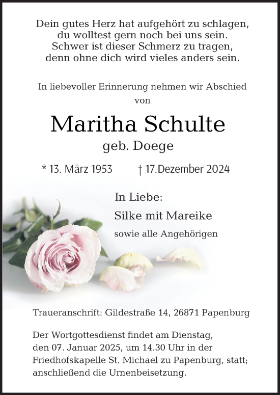 Traueranzeige von Maritha Schulte von Neue Osnabrücker Zeitung GmbH & Co. KG