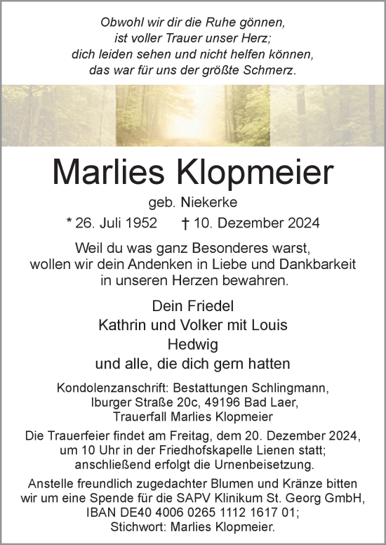 Traueranzeige von Marlies Klopmeier von Neue Osnabrücker Zeitung GmbH & Co. KG