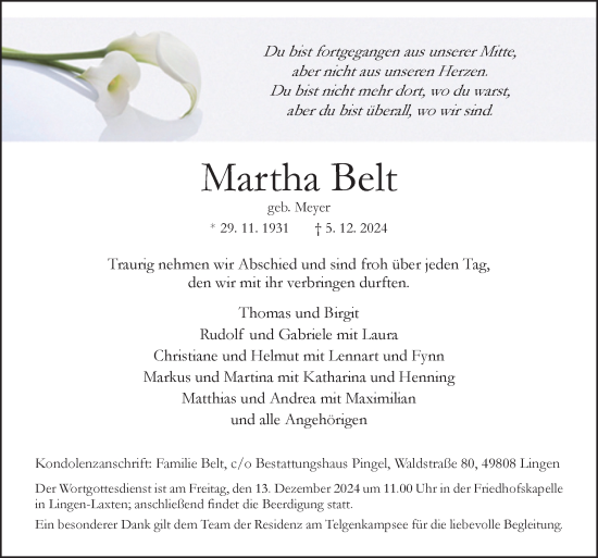 Traueranzeige von Martha Belt von Neue Osnabrücker Zeitung GmbH & Co. KG