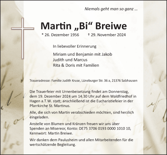 Traueranzeige von Martin Breiwe von Neue Osnabrücker Zeitung GmbH & Co. KG