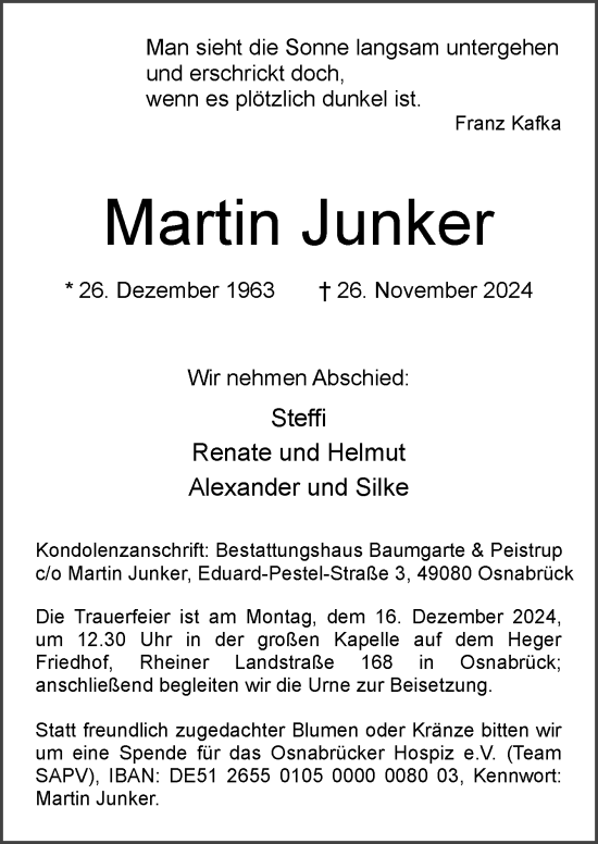 Traueranzeige von Martin Junker von Neue Osnabrücker Zeitung GmbH & Co. KG