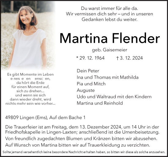 Traueranzeige von Martina Flender von Neue Osnabrücker Zeitung GmbH & Co. KG