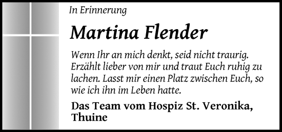 Traueranzeige von Martina Flender von Neue Osnabrücker Zeitung GmbH & Co. KG