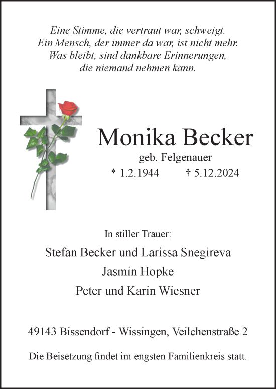 Traueranzeige von Monika Becker von Neue Osnabrücker Zeitung GmbH & Co. KG