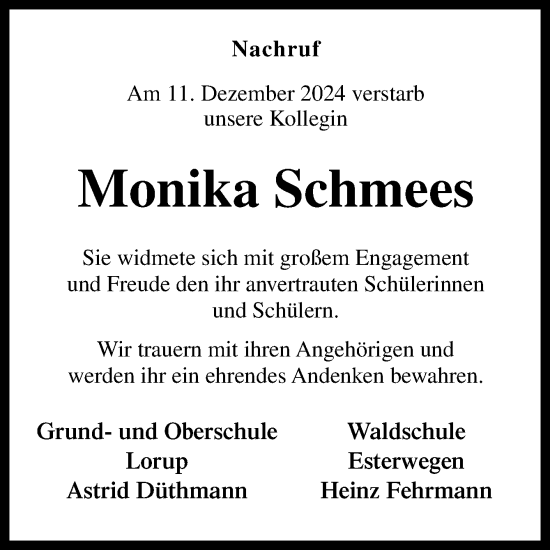 Traueranzeige von Monika Schmees von Neue Osnabrücker Zeitung GmbH & Co. KG