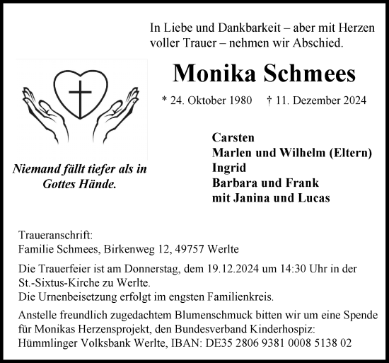 Traueranzeige von Monika Schmees von Neue Osnabrücker Zeitung GmbH & Co. KG