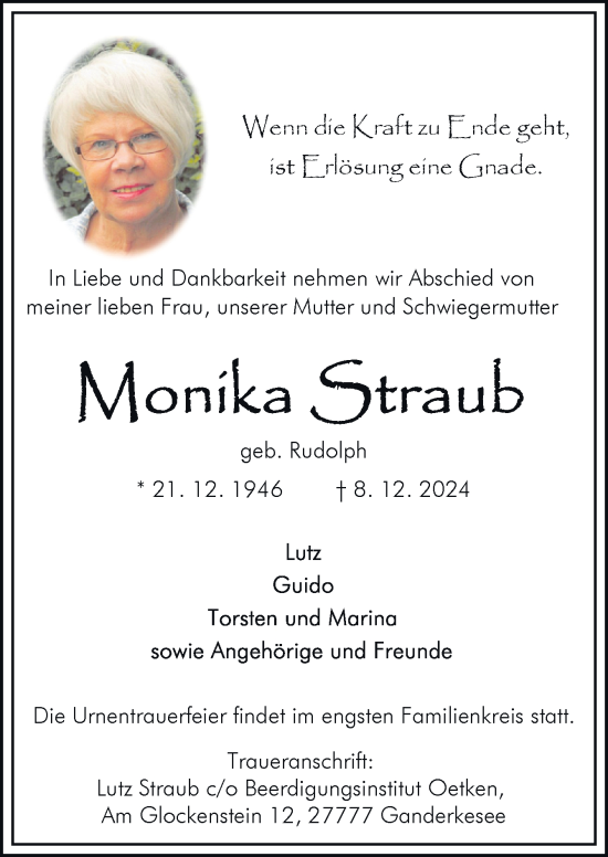 Traueranzeige von Monika Straub von DK Medien GmbH & Co. KG