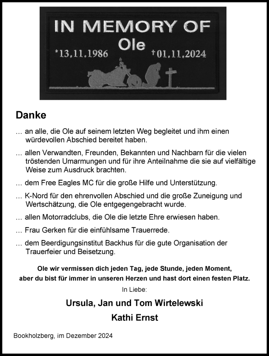 Traueranzeige von Ole Wirtelewski von DK Medien GmbH & Co. KG