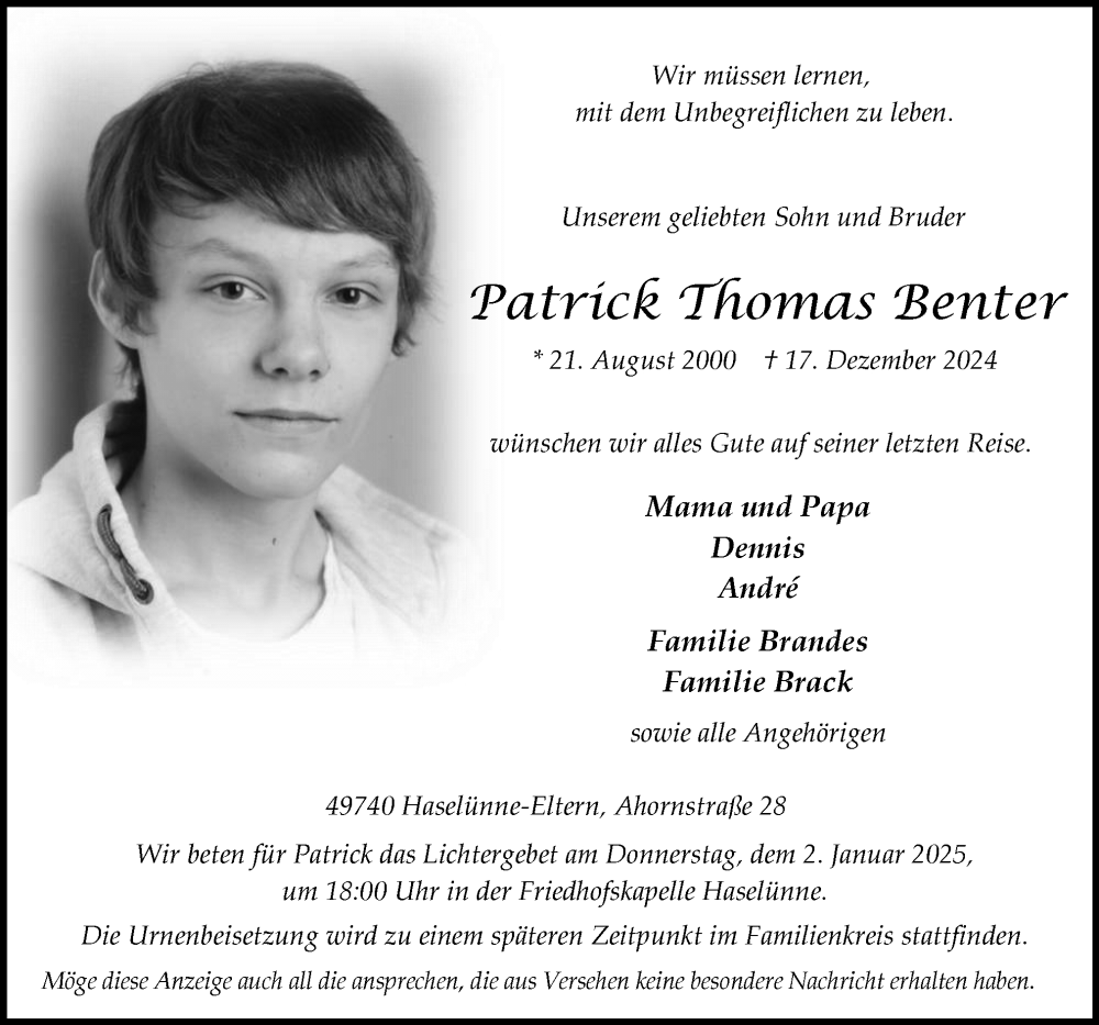  Traueranzeige für Patrick Thomas Benter vom 23.12.2024 aus Neue Osnabrücker Zeitung GmbH & Co. KG