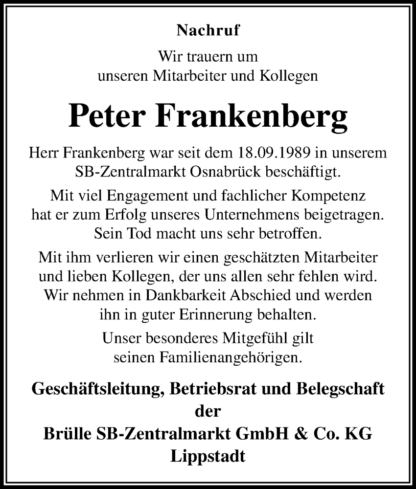  Traueranzeige für Peter Frankenberg vom 21.12.2024 aus Neue Osnabrücker Zeitung GmbH & Co. KG