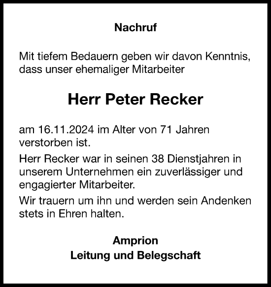 Traueranzeige von Peter Recker von Neue Osnabrücker Zeitung GmbH & Co. KG