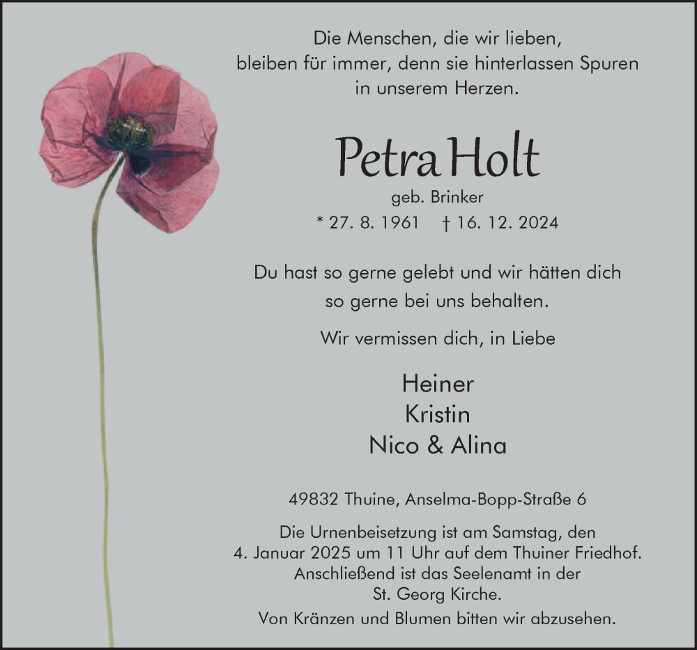  Traueranzeige für Petra Holt vom 28.12.2024 aus Neue Osnabrücker Zeitung GmbH & Co. KG