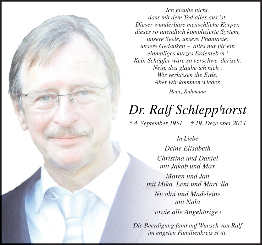  Traueranzeige für Ralf Schlepphorst vom 28.12.2024 aus Neue Osnabrücker Zeitung GmbH & Co. KG